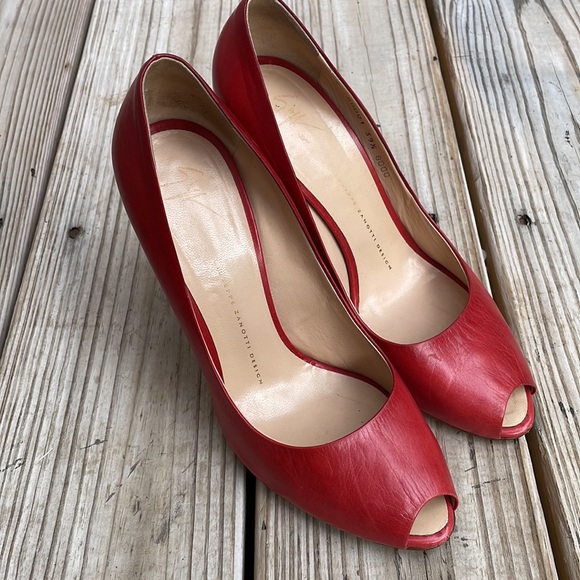❤️ 👀 Giuseppe Zanotti Red Leather Peep Toe Wooden Heels Size EU 39.5 - Picture 11 of 13